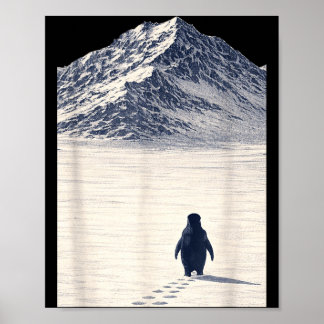 Penguin walking alone toward mountains motivationa poster