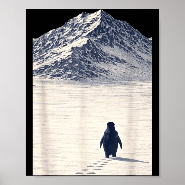 Penguin walking alone toward mountains motivationa poster (Front)
