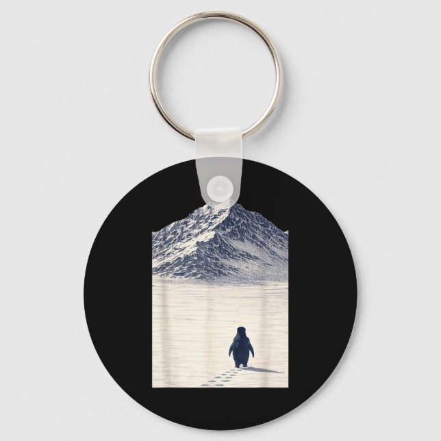 Penguin walking alone towards mountains motivation key ring (Front)