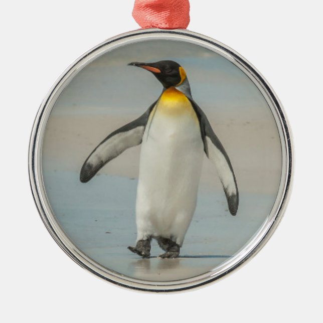 Penguin walking on the beach metal tree decoration (Front)