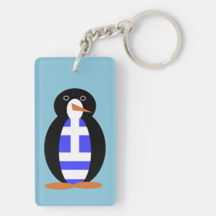 Penguin Wearing Greek Flag Vest Blue Background Key Ring
