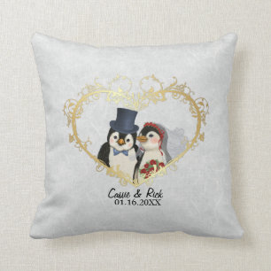 Penguin Wedding Bride and Groom - Customise Cushion