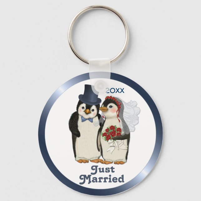 Penguin Wedding Bride and Groom Tie - Customise Key Ring (Front)