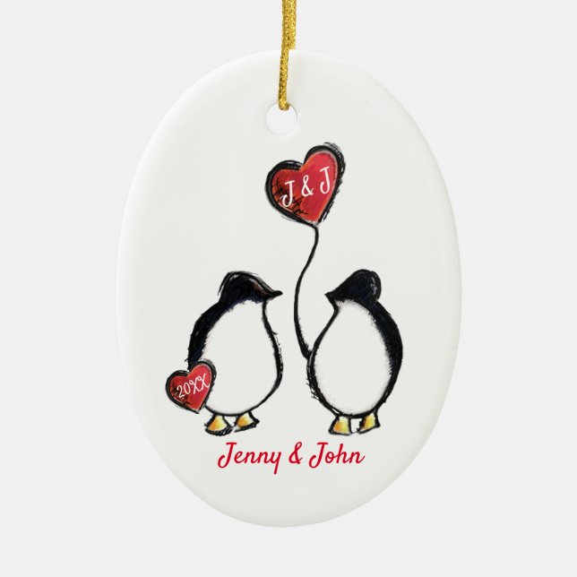 Penguin wedding gift ceramic tree decoration (Front)