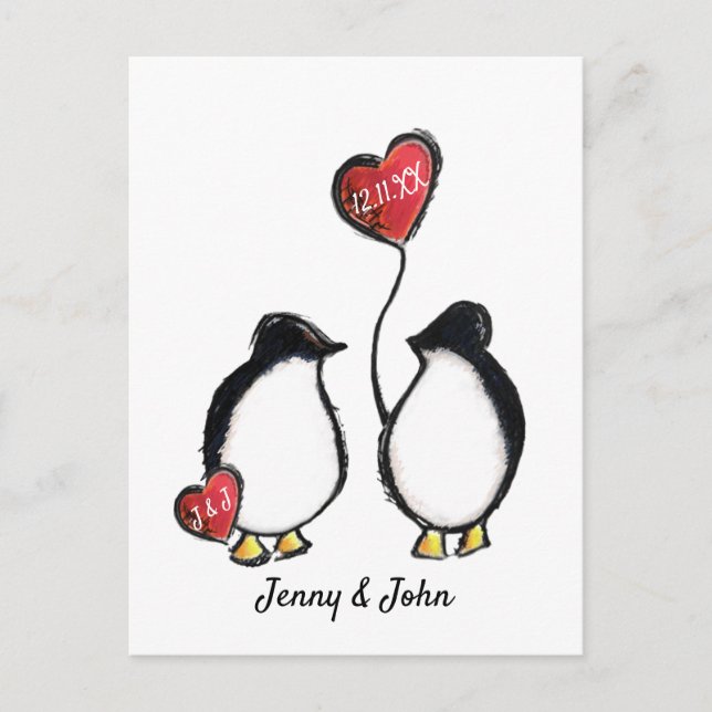 Penguin wedding Save the date Holiday Postcard (Front)