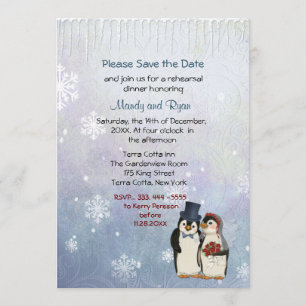 Penguin Wedding Snowflakes Rehearsal Dinner Invite