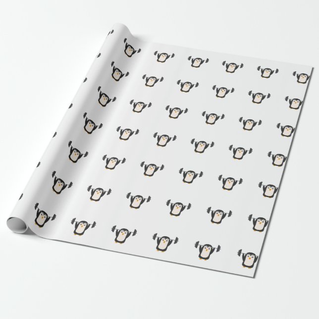 Penguin Weightlifting Wrapping Paper (Unrolled)