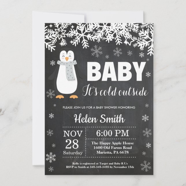 Penguin Winter Baby Shower Chalkboard Invitation (Front)