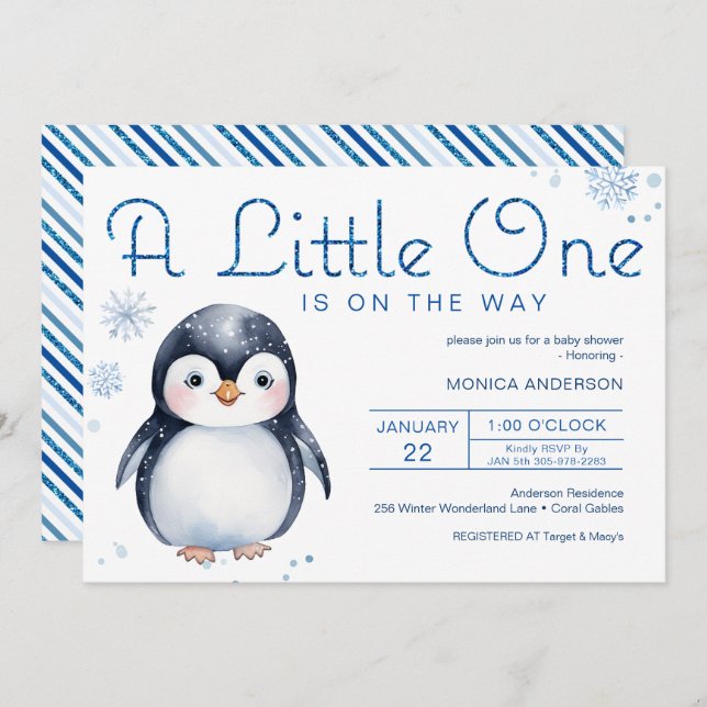 Penguin Winter Baby Shower Invite for Girl or Boy (Front/Back)