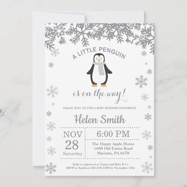 Penguin Winter Baby Shower Snowflake Invitation (Front)
