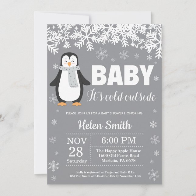 Penguin Winter Baby Shower Snowflake Invitation (Front)