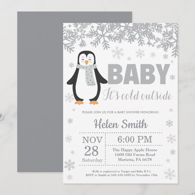 Penguin Winter Baby Shower Snowflake Invitation (Front/Back)