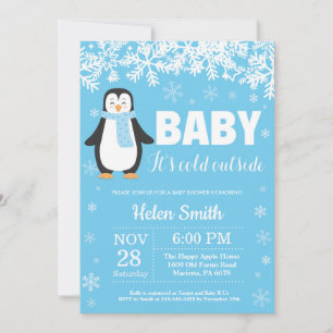Penguin Winter Blue Boy Baby Shower Snowflake Invitation