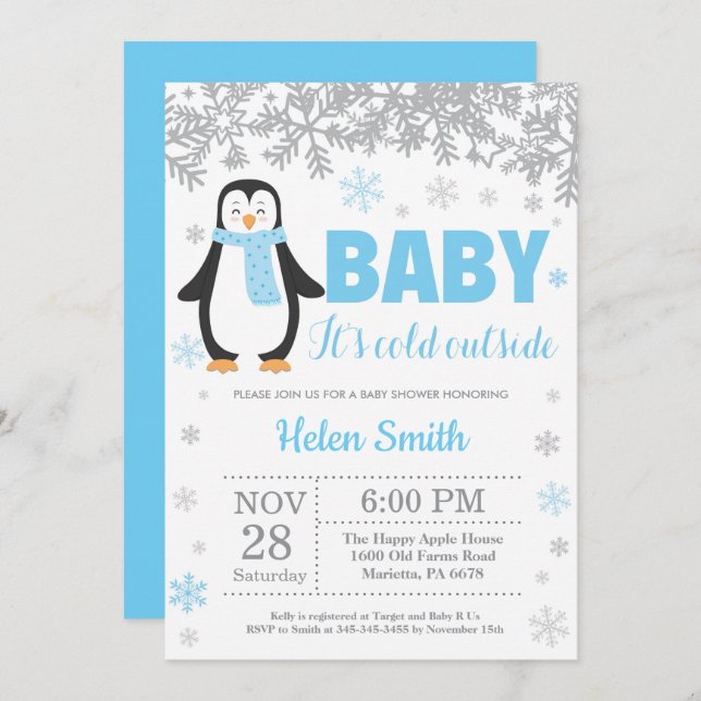 Penguin Winter Blue Boy Baby Shower Snowflake Invitation (Front/Back)