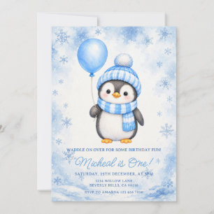 Penguin Winter Blue Snowflake 1st Birthday Invitation