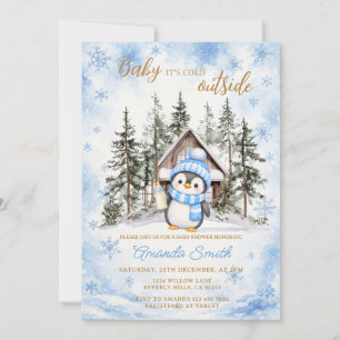 Penguin Winter Blue Snowflake Baby Shower Invitation