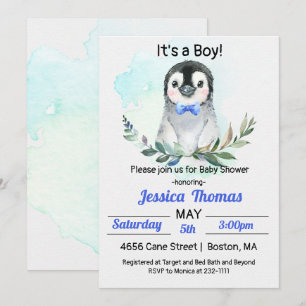 Penguin Winter Boy Baby Shower Invitation