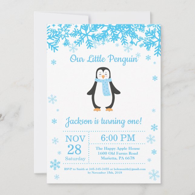 Penguin Winter Boy Birthday Invitation (Front)