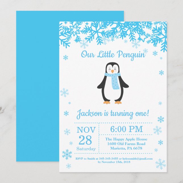 Penguin Winter Boy Birthday Invitation (Front/Back)