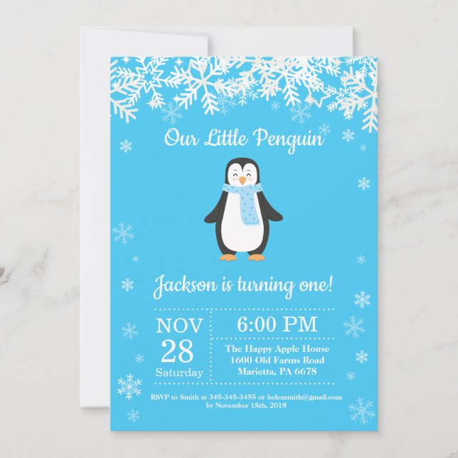 Penguin Winter Boy Birthday Invitation (Front)