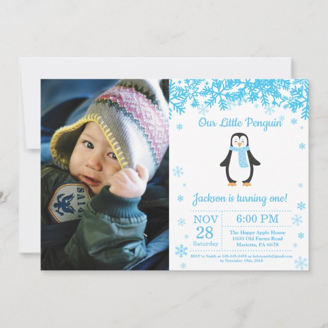Penguin Winter Boy Birthday Photo Invitation (Front)