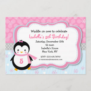 Penguin Winter Custom Birthday Party Invitations