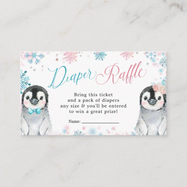 Penguin Winter Gender Reveal Diaper Raffle Enclosure Card (Front)