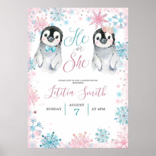 Penguin Winter Gender Reveal Welcome Sign Card (Front)