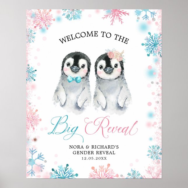 Penguin Winter Gender Reveal Welcome Sign Card (Front)