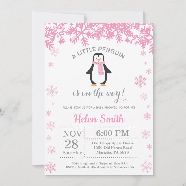 Penguin Winter Girl Baby Shower Snowflake Invitation (Front)