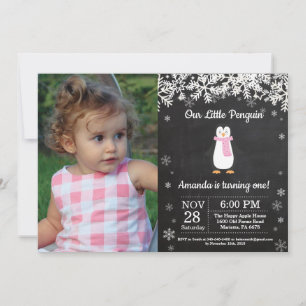 Penguin Winter Girl Birthday Photo Invitation