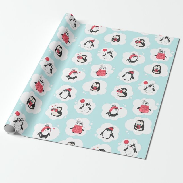 Penguin Winter Holiday Wrapping Paper (Unrolled)