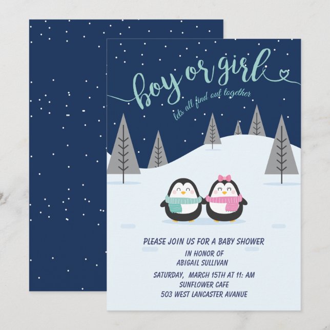 penguin winter night gender reveal invitation (Front/Back)