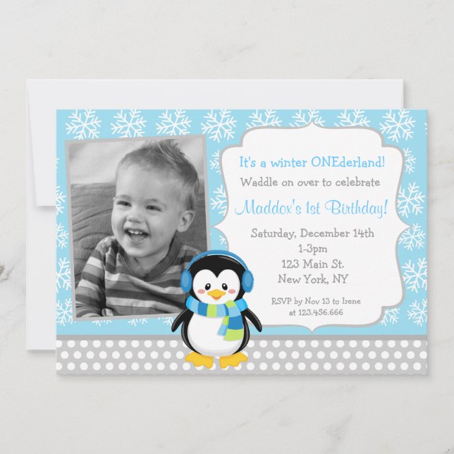 Penguin Winter ONEderland  Birthday Invitations (Front)