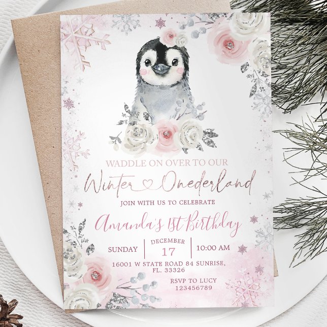 Penguin Winter Pastel Pink Flowers Birthday Invitation (Creator Uploaded)