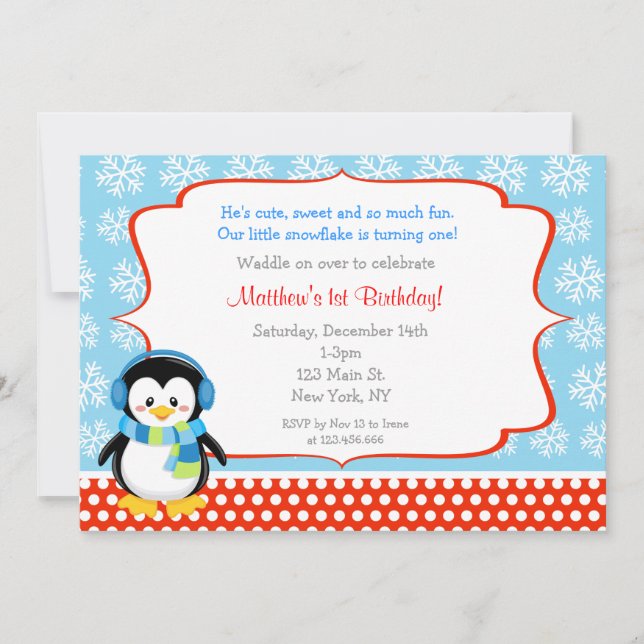 Penguin Winter Snowflake Birthday Invitations (Front)
