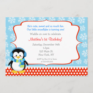 Penguin Winter Snowflake Birthday Invitations