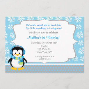 Penguin Winter Snowflake Birthday Invitations