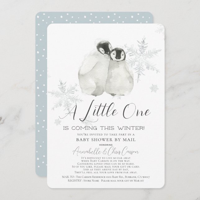 Penguin Winter Snowflake Blue Baby Shower by Mail Invitation (Front/Back)