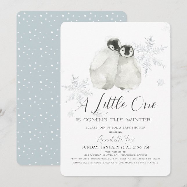 Penguin Winter Snowflake Blue Boy Baby Shower Invitation (Front/Back)