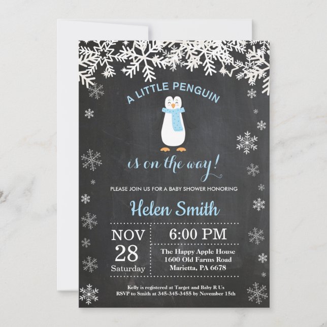 Penguin Winter Snowflake Boy Baby Shower Invitation (Front)
