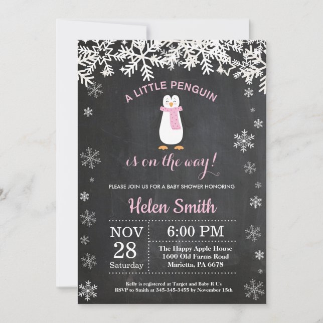 Penguin Winter Snowflake Girl Baby Shower Invitation (Front)