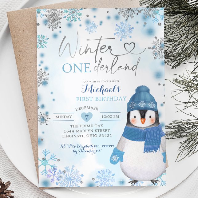 Penguin Winter Snowflakes Onederland Birthday Invitation (Creator Uploaded)