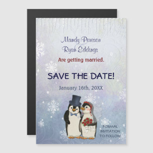 Penguin Winter Snowflakes Wedding Save The Date Magnetic Invitation