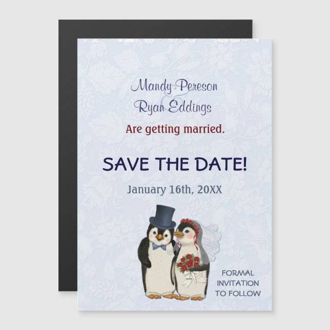 Penguin Winter Wedding Magnetic Save The Date Invitation (Front/Back)