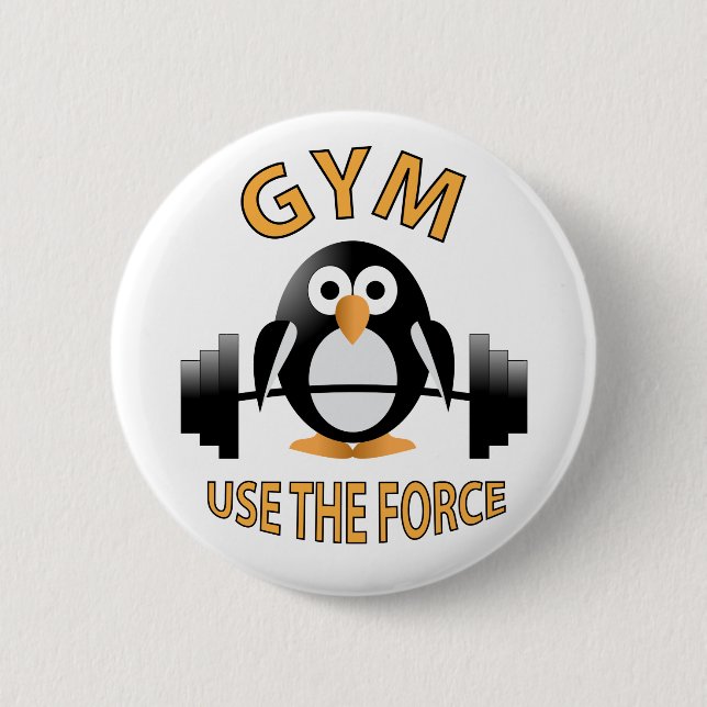 Penguin with a barbell 6 cm round badge (Front)