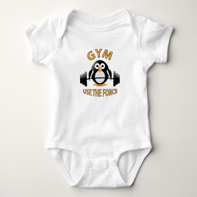 Penguin with a barbell baby bodysuit (Front)