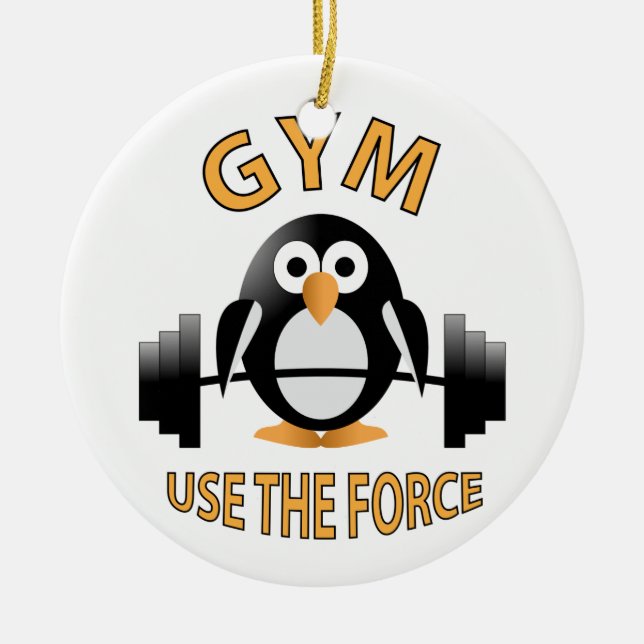 Penguin with a barbell ceramic ornament (Front)
