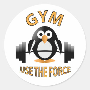 Penguin with a barbell classic round sticker
