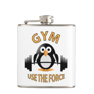 Penguin with a barbell hip flask